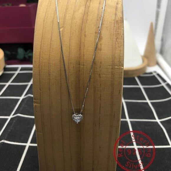 Silver Women's Love Heart Pendant With Diamond Inlay Necklace - Picture 2 of 3